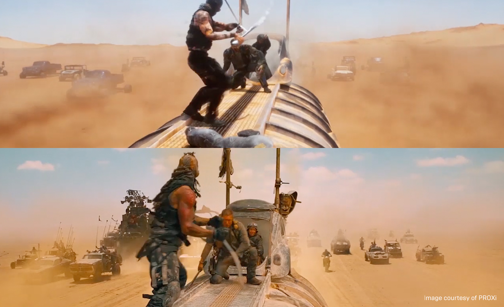 《疯狂的麦克斯:狂暴之路》特技可视化(上)和最终影片(下)的对比